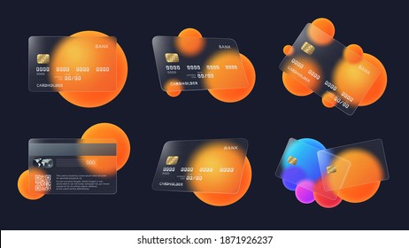 Transparent bank cards. Glass credit card with abstract circles and soft matte transparency effect vector illustration set