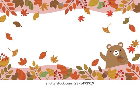 Transparent banner frame with a cute teddy bear showing his face, autumn fallen leaves and nuts in the middle.