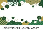 Transparent banner frame in the middle with green Japanese patterns on the top and bottom and cloud-shaped patterns