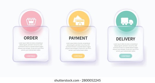Transparent Banner for web shopping online for Free Shipping, Exclusive voucher and Order design template with color paper inside. Glassmorphism vector.
