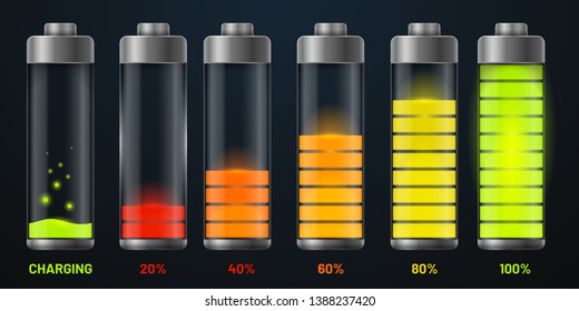 Transparent batteries charge status. Realistic mobile phone interface battery