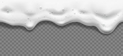 Transparent Beer Foam. Drink Beers Foamed Background, Liquid White Foaming Vector Texture, Sea Beach Or Laundry Foamy Texture