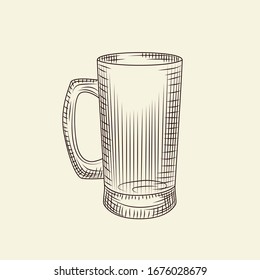 Transparent beer mug in hand drawn style isolated on light background. Glass of beer vector vintage illustration. Engraving style. For menu, cards, posters, prints, packaging. 