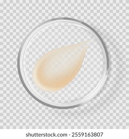 Transparent beige serum smear skincare cosmetic beauty product on petri dish isolated realistic vector illustration