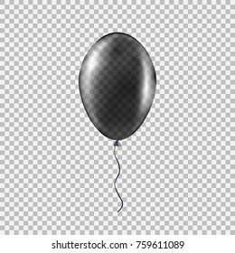 Transparent black helium balloon. Isolated vector illustration on plaid transparent background. Birthday baloon flying for party, celebrations, buisness and design.