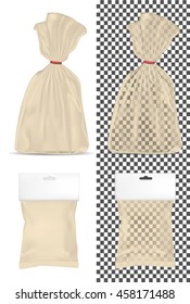 Transparent blank foil or paper packaging isolated on white background. Sachet with hanging hole for bread, coffee, sweets, cookies and gift.