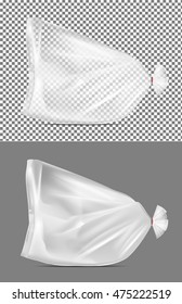 Transparent blank foil or paper packaging. Sachet for bread, coffee, sweets, cookies and gift. Santa sack mock up
