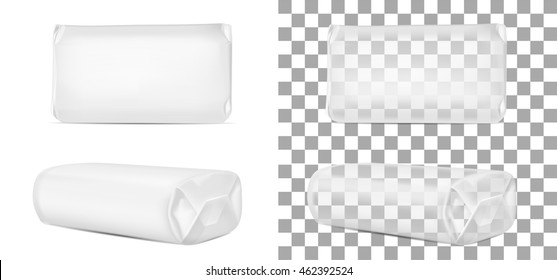 Transparent Blank Packaging Isolated On White Background. Sachet For Soap, Coffee, Spices, Sweets, Cookies And Flour