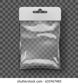 Transparent Blank Plastic Bag With Hang Slot. EPS10 Vector