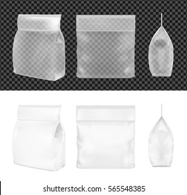 Transparent blank plastic or paper washing powder packaging. Sachet for bread, coffee, sweets, cookies and gift.