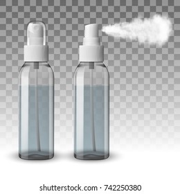 Transparent Blank Spray Bottle. Front And Side View. EPS10 Vector