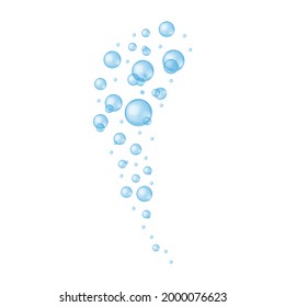 Transparent blue bubbles isolated on white background. Soap or cleanser foam, aquarium or sea oxygen stream, bath sud, fizzy carbonated water effect. Vector realistic illustration.