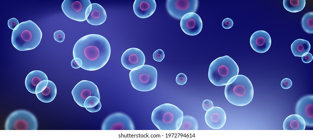 Transparent blue cell stem science background. Biology research dna nucleus cells. Microscopic molecular vector pattern.