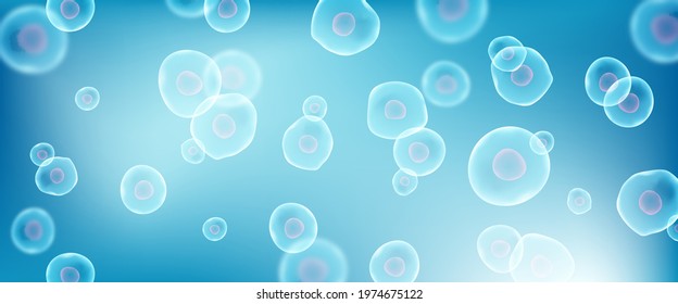 Transparent blue cell stem science background. Biology research dna nucleus cells. Microscopic molecular vector pattern.