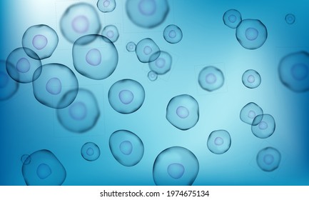 Transparent blue cell stem science background. Biology research dna nucleus cells. Microscopic molecular vector pattern.