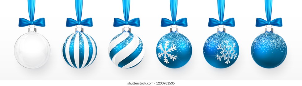 Transparent and Blue Christmas ball with snow effect and blue bow set. Xmas glass ball on white background. Holiday decoration template. Vector illustration.