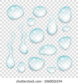 Transparent  blue drops of pure clear water isolated on a gray background. Realistic  vector  illustration.