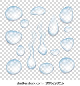 Transparent  blue drops of  water isolated on a gray background. Realistic  vector  illustration.