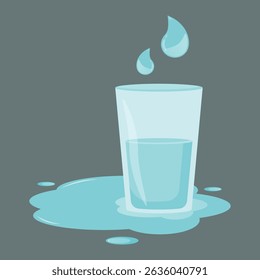 A transparent blue glass filled with water on a muted gray background and small droplets of water hover over the glass, a puddle and scattered drops surround its base.