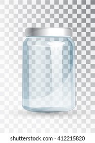 Transparent blue glass jar on a transparent background. Empty cans of glass to jam. Bank for vitamin drink. Bank with gray lid. Isolated on a transparent background. Vector 10