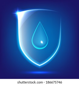 Transparent blue glass shield icon with water drop