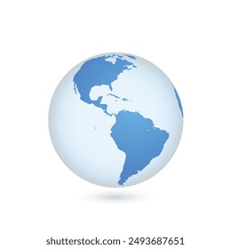 Un globo azul transparente muestra América del Norte y del Sur sobre un fondo blanco.