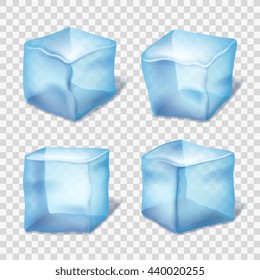 Transparent blue ice cubes on plaid background.