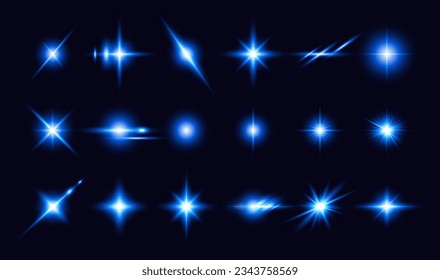 Transparent blue light effects on a black background. A collection of various glowing sparks, stars. The effect of glow, radiance, shine. Vector EPS 10.