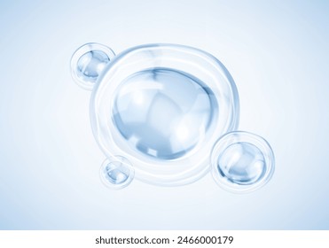 Transparent blue liquid bubbles. Collagen serum bubbles. Cosmetic essence. Concept skin care cosmetics solution. Vector 3d illustration