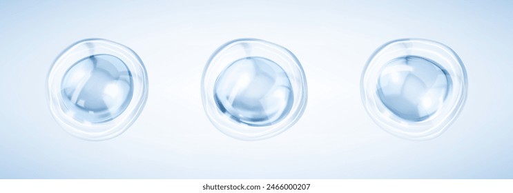 Transparent blue liquid bubbles. Collagen serum bubbles. Cosmetic essence. Concept skin care cosmetics solution. Vector 3d illustration