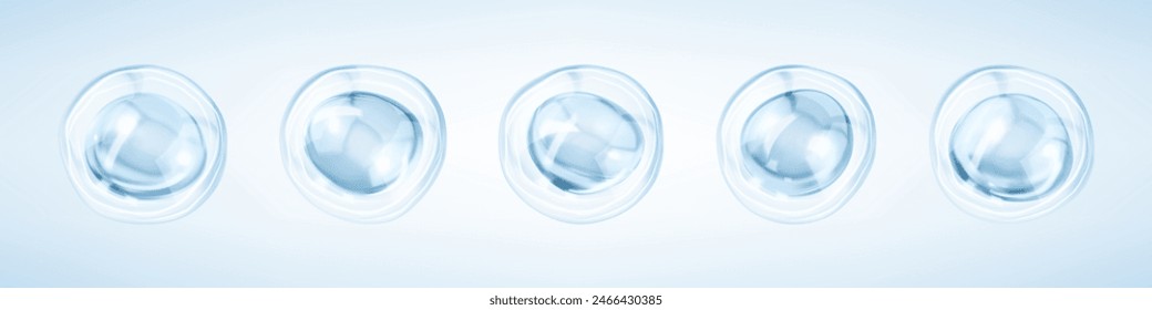 Transparent blue liquid bubbles. Collagen serum bubbles. Cosmetic essence. Concept skin care cosmetics solution. Vector 3d illustration