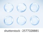 Transparent blue liquid bubbles. Cosmetic oil, serum or essence. Skincare product. Concept skin care cosmetics solution. Vector illustration
