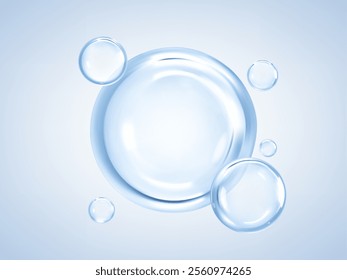 Transparent blue liquid bubbles. Cosmetic oil, serum or essence. Skincare product. Concept skin care cosmetics solution. Vector illustration