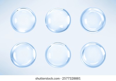 Transparent blue liquid bubbles. Cosmetic oil, serum or essence. Skincare product. Concept skin care cosmetics solution. Vector illustration