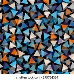 transparent blue, orange, brown triangles on dark black seamless pattern
