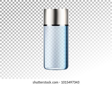 Transparent blue package for cosmetic products, perfume flacon, bottle for deodorant, hair spray. Realistic mockup of glass container. Vector illustration isolated on white-transparen background.