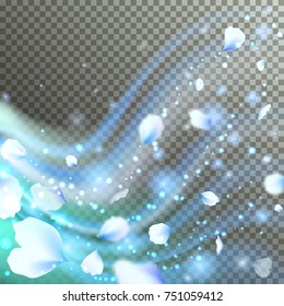 Transparent blue pastel background with rose petals and light particles. Romantic petals swirl. Vector illustration for your graphic design.