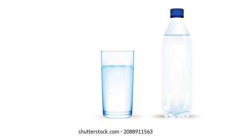 Transparent blue plastic water bottle with a blue cap and a stacked glass of water on a gradient blue background. Copy space. Vector illustration
