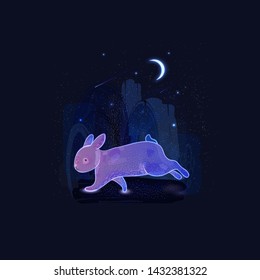 A transparent blue rabbit runs through the night fairy-tale forest, a bright crescent shines in the starry sky. Childlike illustration of a forest ghost against a stargazing background. svg