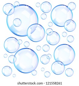 Transparent blue soap bubbles over white background