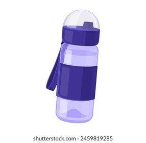 Transparent blue water bottle with dome lid and grip strap. Vector illustration. Daily hydration and sport accessory concept.