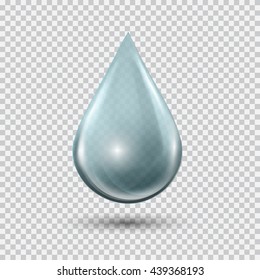 Transparent blue water drop on light gray background. Water bubble with glares and highlights. Metal chrome droplet. Abstract vector illustration EPS 10 for your design and business