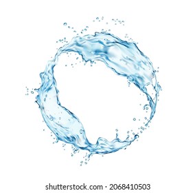 Transparent Blue Water Round Swirl Frame With Splash And Bubbles, Vector. Realistic 3d Water With Splashing Drops Whirl, Liquid Blue Clear Aqua Wave With Fresh Droplet Of Clean Drink With Pouring Flow