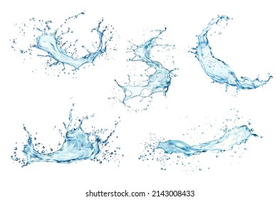 El agua azul transparente salpica y se ondea con gotas. Líquidos vectoriales salpicando fluidos con gotitas, elementos 3d realistas aislados, bebida fresca transparente, agua transparente que cae o vierte con burbujas de aire