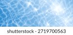 Transparent blue water surface top view. Vector realistic illustration of seamless aqua texture, swimming pool background with light reflection and waves, summer hotel poster, ocean or sea ripple