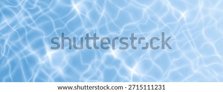 Transparent blue water surface top view. Vector realistic illustration of seamless aqua texture, swimming pool background with light reflection and waves, summer hotel poster, ocean or sea ripple