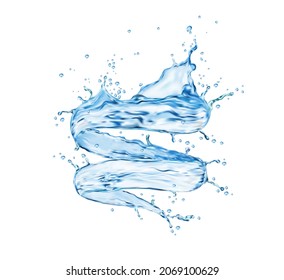 Transparent blue water twister or whirlwind, vector tornado splash. Pure liquid whirl, clear natural aqua flow and 3d realistic vector fresh water stream with drops and splatters