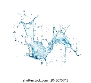 Transparent Blue Water Wave Splash With Drops. 3d Realistic Vector. Realistic Splatter Of Clear Liquid Water, Fresh Aqua Wavy Splash With Falling Droplets Drinking Water