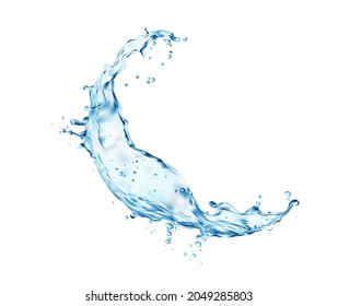 Transparent blue water wave splash with drops. Vector liquid splashing 3d dynamic motion water swirl element with spray droplets isolated on white background, hydration, fresh drink