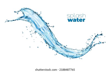 Transparent Blue Water Wave Splash, Isolated Swirl With Splatters. Natural Water Flying Spray Droplets. Translucent Liquid Realistic Vector Flow, Clean Aqua Or Drink Jet Or Splash With Pure Ripples